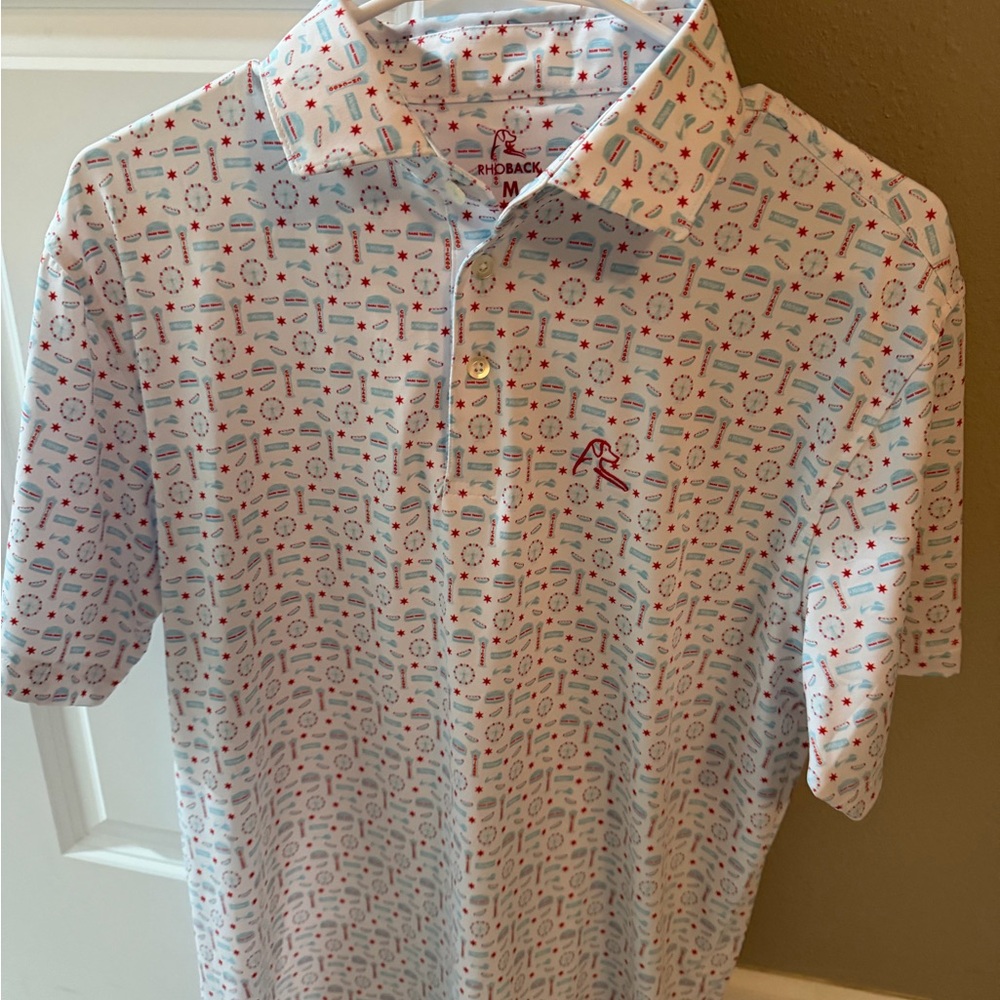 Rhoback Men's Polo Shirt - White with Red and Blue Pattern/Chicago Theme